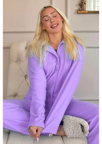 Mavi Düz Önden Düğmeli Peluş Polar Pijama Takımı