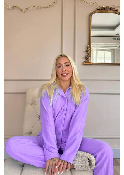 Mavi Düz Önden Düğmeli Peluş Polar Pijama Takımı