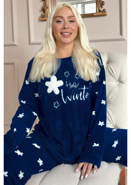 Lacivert Hello Winter Desenli Kadın Peluş Pijama Takımı