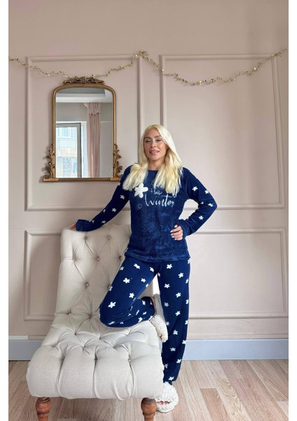 Lacivert Hello Winter Desenli Kadın Peluş Pijama Takımı