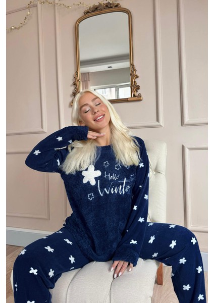 Lacivert Hello Winter Desenli Kadın Peluş Pijama Takımı