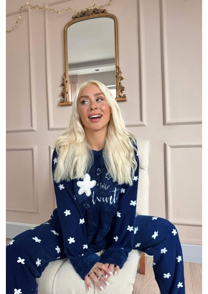 Lacivert Hello Winter Desenli Kadın Peluş Pijama Takımı