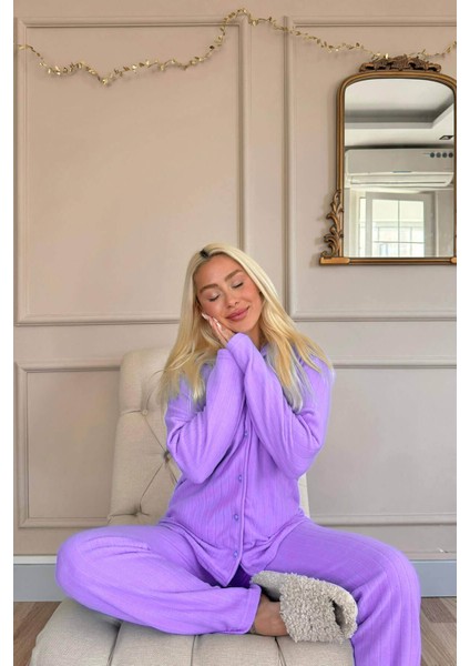 Pijama Evi Mavi Düz Önden Düğmeli Peluş Polar Pijama Takımı