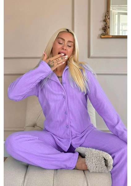Mavi Düz Önden Düğmeli Peluş Polar Pijama Takımı indirimleri