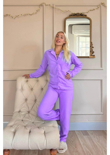 Mavi Düz Önden Düğmeli Peluş Polar Pijama Takımı