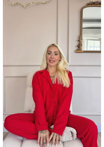 Kırmızı Düz Önden Düğmeli Peluş Polar Pijama Takımı indirimleri