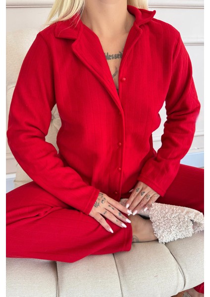 Kırmızı Düz Önden Düğmeli Peluş Polar Pijama Takımı indirimleri