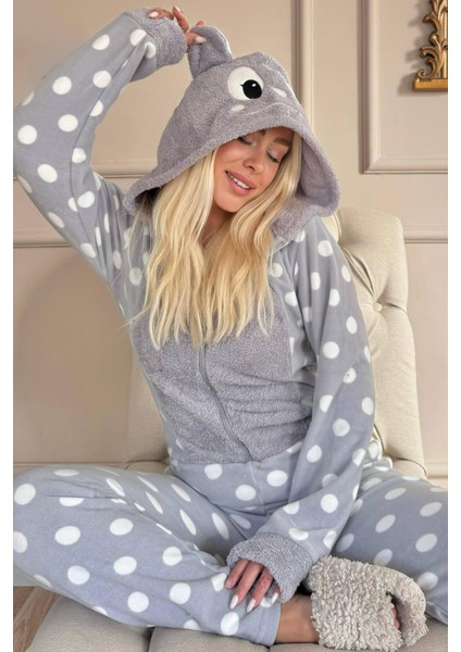 Pijama Evi Gri Puan Desenli Kadın Polar Peluş Tulum Pijama