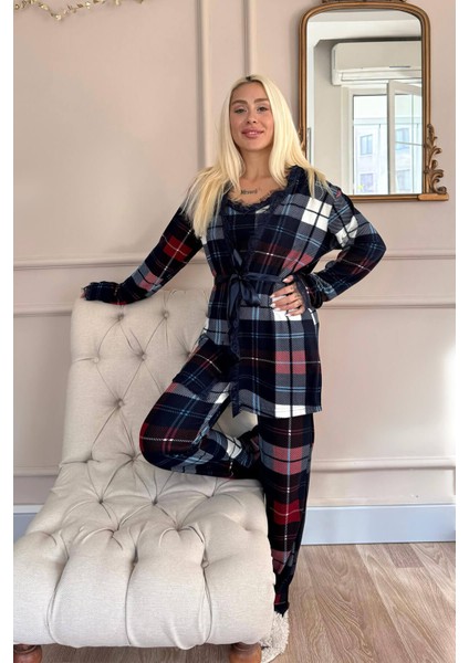 Kadın Ekose Desenli Kadife Pijama Takımı Rahat ve Şık 3 Parça Set
