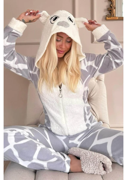 Pijama Evi Gri Dalmaçyalı Desenli Polar Peluş Tulum Kadın Pijama