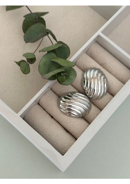 Tırtık Plaka Oval Silver Küpe