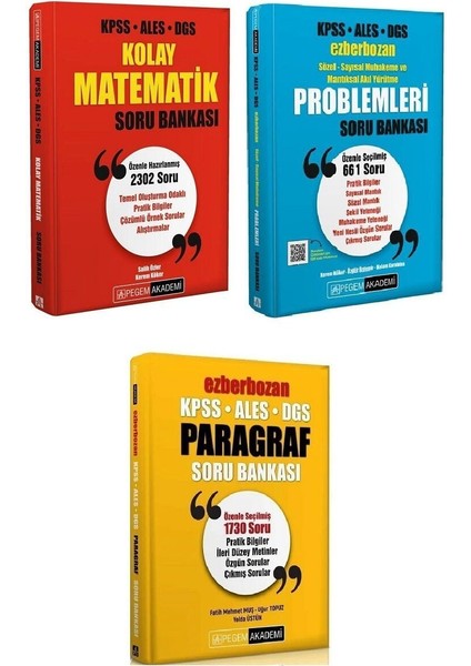 KPSS ALES DGS Kolay Matematik Soru Bankası - Ezberbozan Problemler Soru Bankası - Paragraf Soru Bankası 3'lü Set
