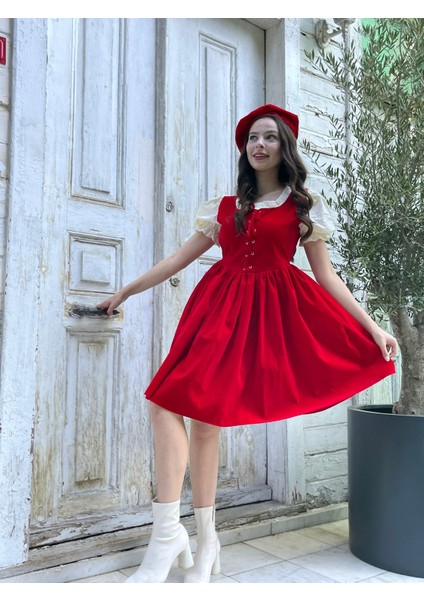 Retro Kadife Kırmızı Mini Elbise