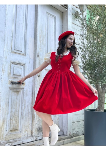 Retro Kadife Kırmızı Mini Elbise