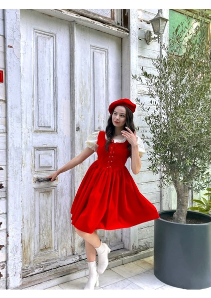 Retro Kadife Kırmızı Mini Elbise
