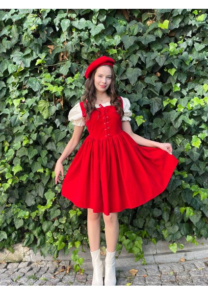 Retro Kadife Kırmızı Mini Elbise
