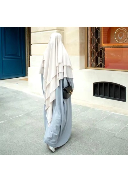 Hazır Bağlama Üç Katlı Şifon Hac Umre Şalı Sufle Khimar Hijab Krem Rengi