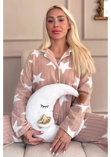 Karamel Yıldız Desenli Önden Düğmeli Peluş Polar Pijama Takımı