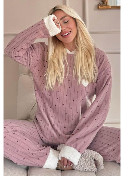 Kahve Heart Magic Desenli Kapşonlu Peluş Polar Pijama