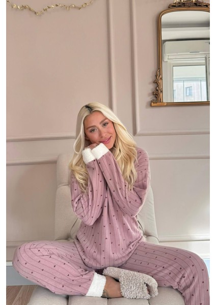 Kahve Heart Magic Desenli Kapşonlu Peluş Polar Pijama fiyatları