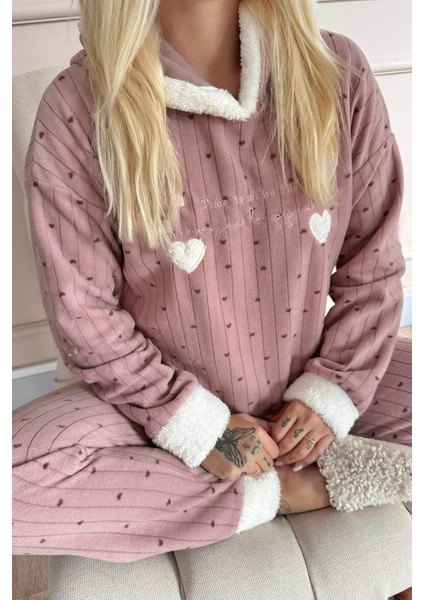 Kahve Heart Magic Desenli Kapşonlu Peluş Polar Pijama fırsatları