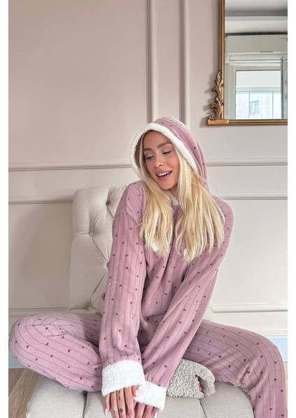 Kahve Heart Magic Desenli Kapşonlu Peluş Polar Pijama indirimleri