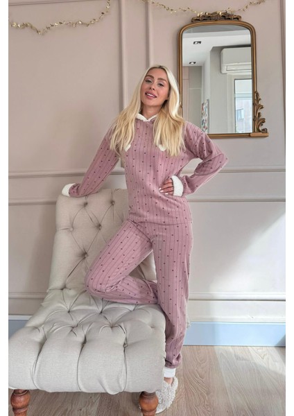 Kahve Heart Magic Desenli Kapşonlu Peluş Polar Pijama