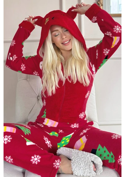 Pijama Evi Kırmızı Crimson Desenli Kadın Polar Peluş Tulum Pijama