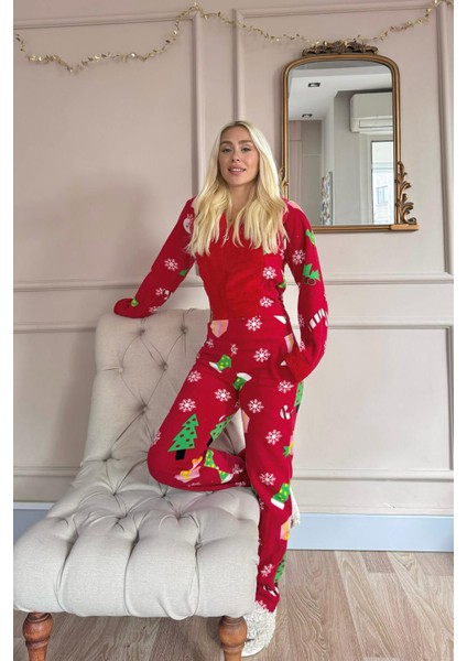 Kırmızı Crimson Desenli Kadın Polar Peluş Tulum Pijama