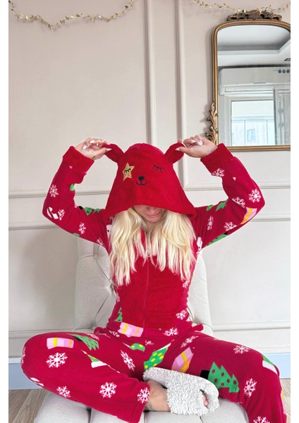 Kırmızı Crimson Desenli Kadın Polar Peluş Tulum Pijama