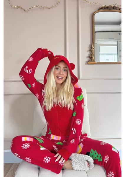 Kırmızı Crimson Desenli Kadın Polar Peluş Tulum Pijama