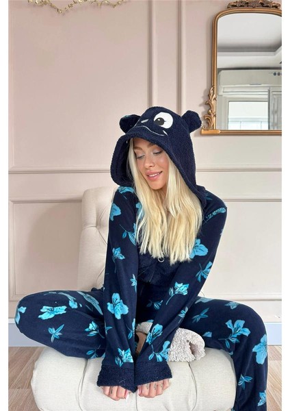 Lacivert Palmate Desenli Kadın Polar Peluş Tulum Pijama