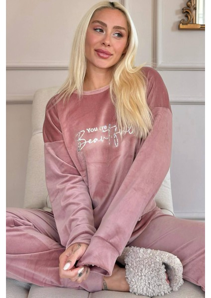 Pembe Beautiful Desenli Exclusive Kadife Kadın Pijama Takımı