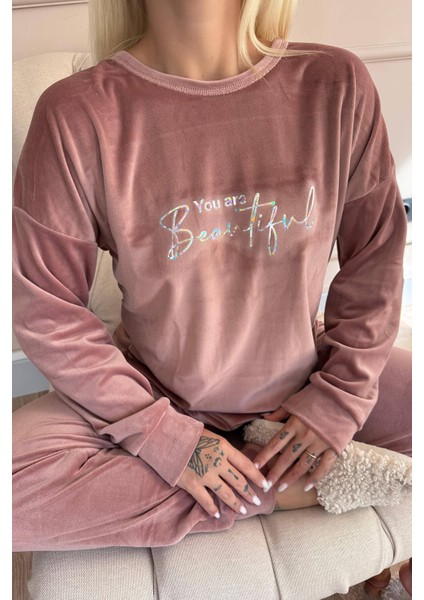 Pembe Beautiful Desenli Exclusive Kadife Kadın Pijama Takımı fiyatları