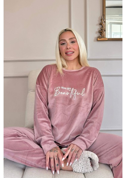 Pembe Beautiful Desenli Exclusive Kadife Kadın Pijama Takımı fırsatları