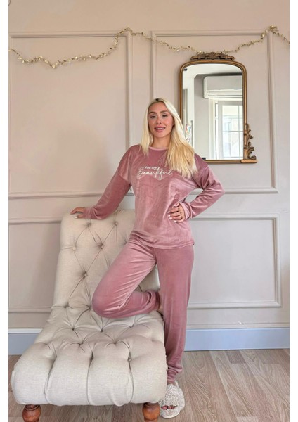 Pembe Beautiful Desenli Exclusive Kadife Kadın Pijama Takımı