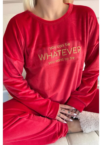 Kırmızı Whatever Desenli Exclusive Kadife Kadın Pijama Takımı
