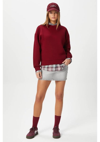 Kadın Cozy Içi Polarlı Bordo Basic Bisiklet Yaka Pamuklu Kalın Örme Sweatshirt