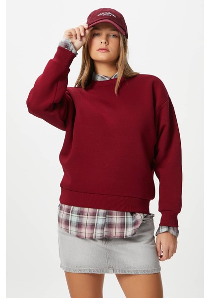 Kadın Cozy Içi Polarlı Bordo Basic Bisiklet Yaka Pamuklu Kalın Örme Sweatshirt