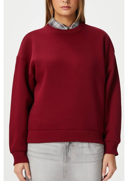 Kadın Cozy Içi Polarlı Bordo Basic Bisiklet Yaka Pamuklu Kalın Örme Sweatshirt