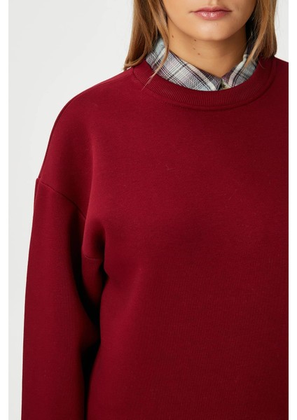 Kadın Cozy Içi Polarlı Bordo Basic Bisiklet Yaka Pamuklu Kalın Örme Sweatshirt