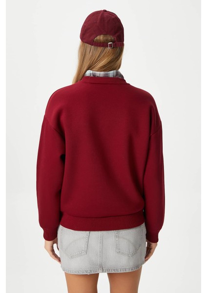 Kadın Cozy Içi Polarlı Bordo Basic Bisiklet Yaka Pamuklu Kalın Örme Sweatshirt