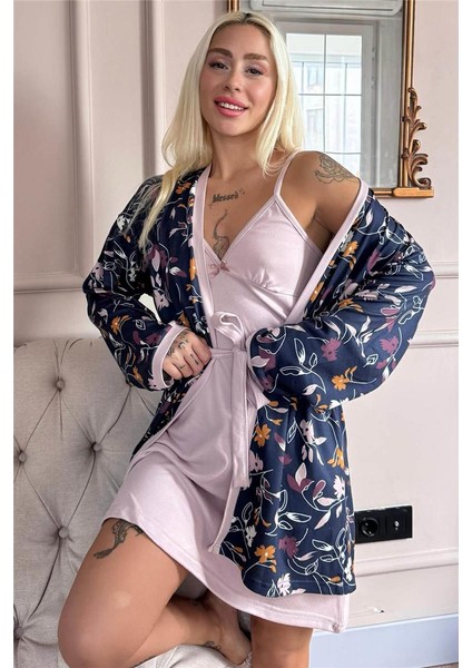 Mor Bough Desenli Termal Gecelik Sabahlıklı Kadın Pijama Takımı