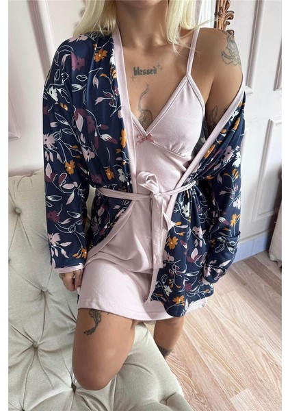 Mor Bough Desenli Termal Gecelik Sabahlıklı Kadın Pijama Takımı