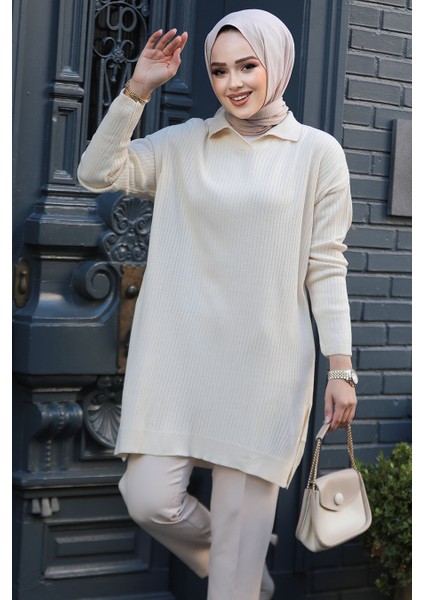 Fitilli Krem Tesettür Triko Tunik 65903KR