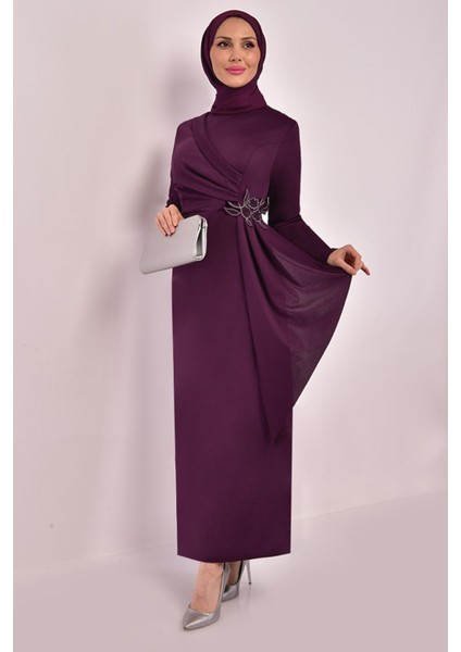 Kadın Giyim Abiye Moda Kemeri Taşlı Asimetrik Abiye Kalem Tesettür Elbise 2580