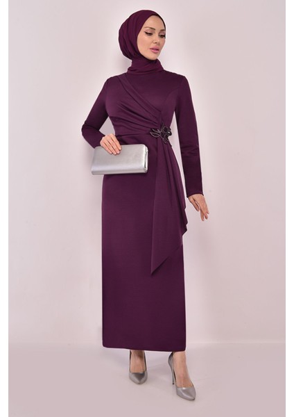 Kadın Giyim Abiye Moda Kemeri Taşlı Asimetrik Abiye Kalem Tesettür Elbise 2580