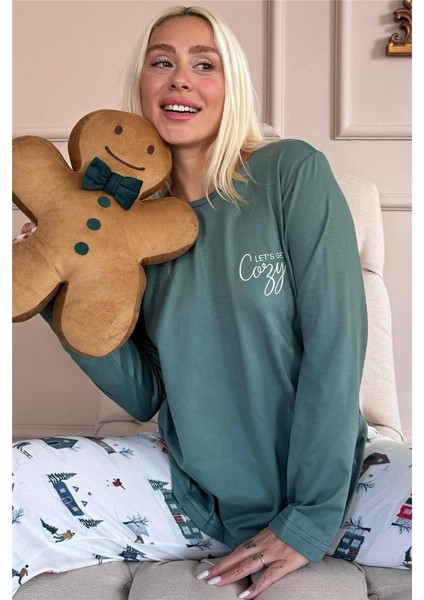 Yeşil Cozy Desenli Termal Kadın Pijama Takımı