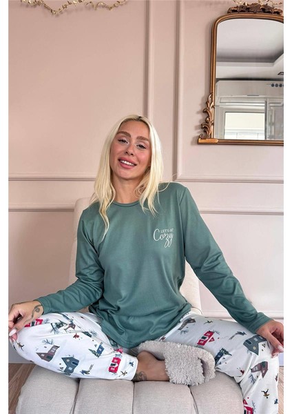 Yeşil Cozy Desenli Termal Kadın Pijama Takımı fiyatları