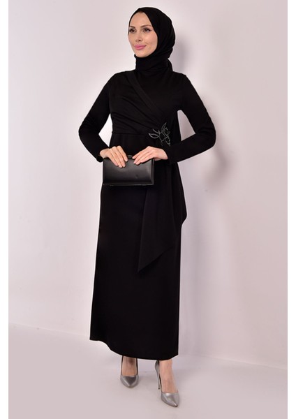 Kadın Giyim Abiye Moda Kemeri Taşlı Asimetrik Abiye Kalem Tesettür Elbise 2580
